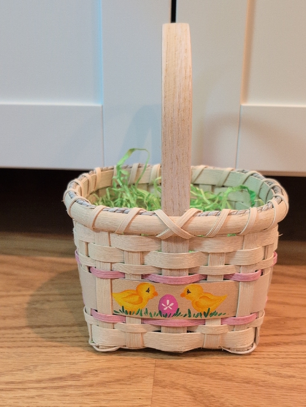 Handwoven Easter Basket with Cute Chick Design - Natural & Pink